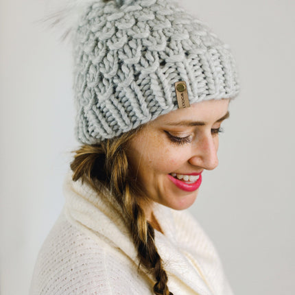 Light Gray Peruvian Wool Knit Hat with Faux Fur Pom Pom