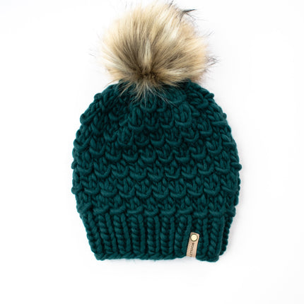 Forest Green Peruvian Wool Knit Hat with Faux Fur Pom Pom