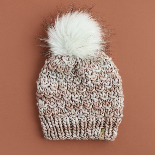 Pearl Gray Merino Wool Knit Hat with Faux Fur Pom Pom