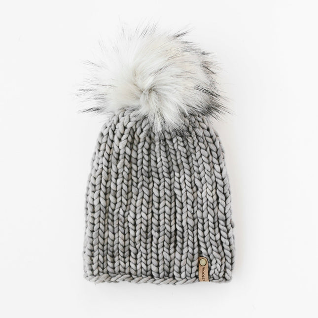 Gray Merino Wool Ribbed Knit Hat with Faux Fur Pom Pom
