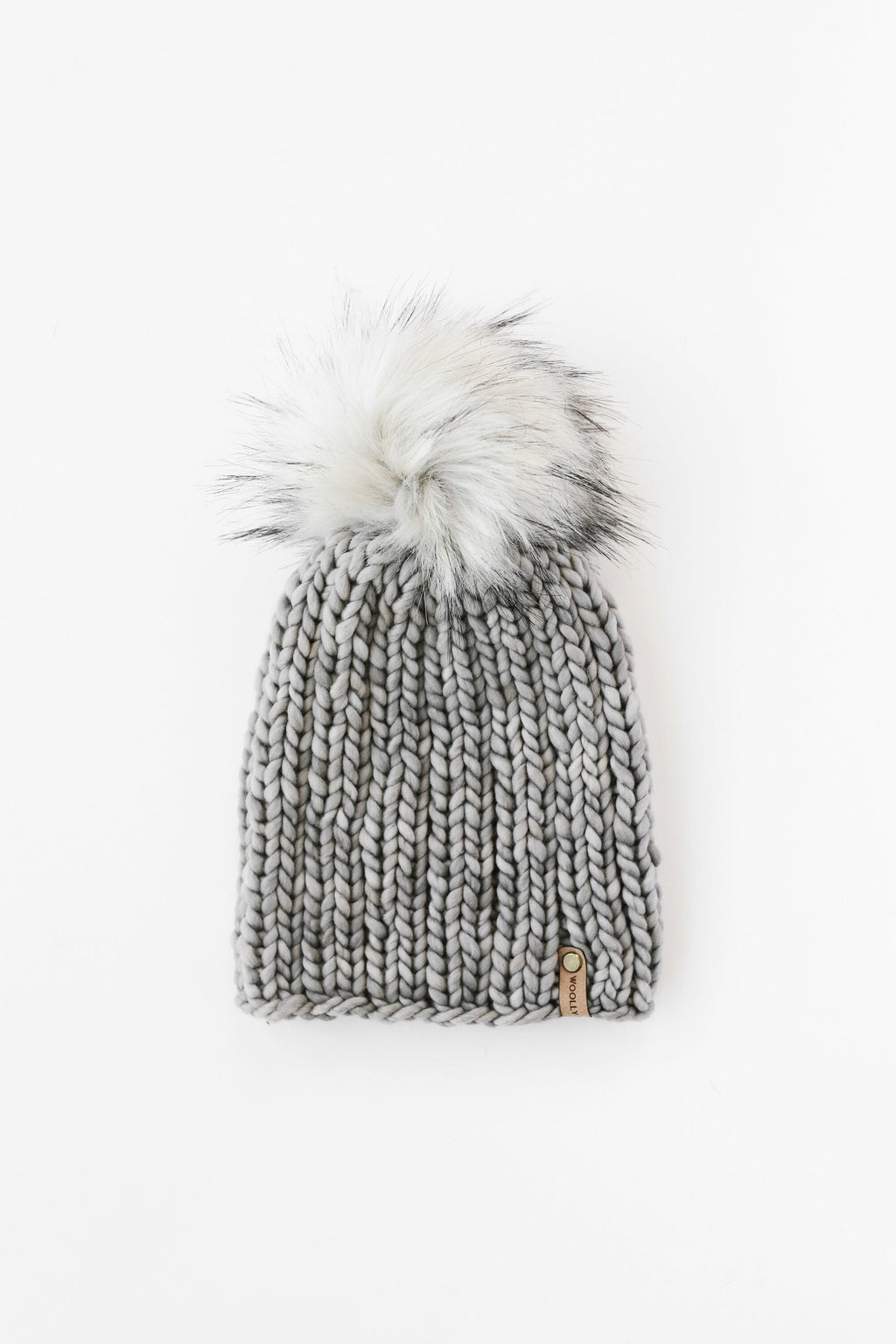 Gray Merino Wool Ribbed Knit Hat with Faux Fur Pom Pom