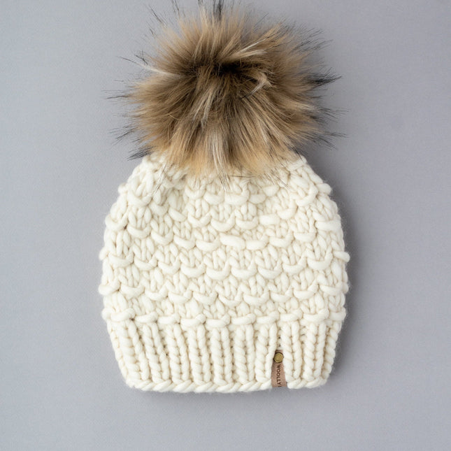 Ivory Peruvian Wool Knit Hat with Faux Fur Pom Pom