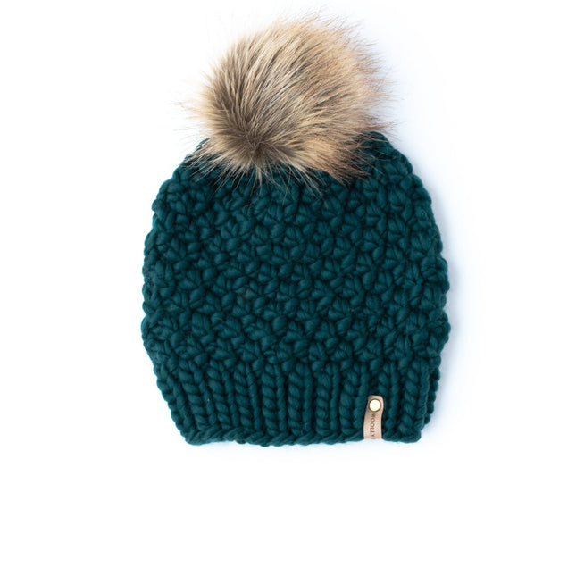 Forest Green Peruvian Wool Knit Hat with Faux Fur Pom Pom
