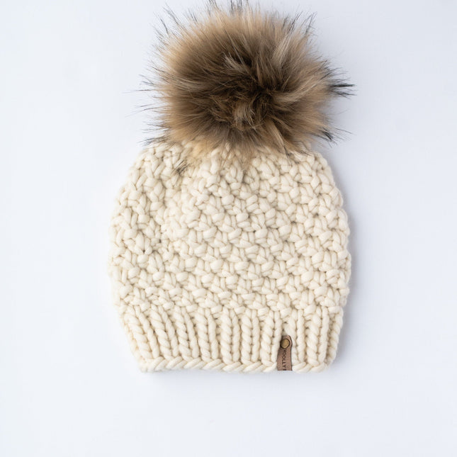 Ivory Peruvian Wool Knit Hat with Faux Fur Pom Pom