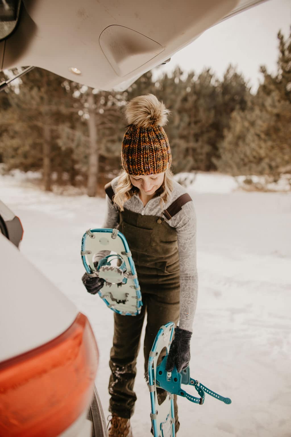 Brown Multi-Color Merino Wool Ribbed Knit Hat with Faux Fur Pom Pom