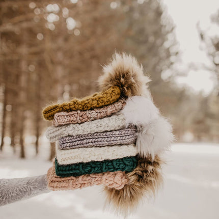 Gray Merino Wool Ribbed Knit Hat with Faux Fur Pom Pom