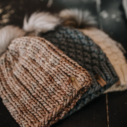 Pearl Gray Merino Wool Ribbed Knit Hat with Faux Fur Pom Pom