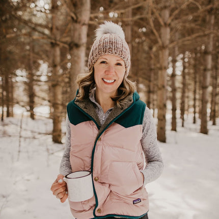 Pearl Gray Merino Wool Ribbed Knit Hat with Faux Fur Pom Pom