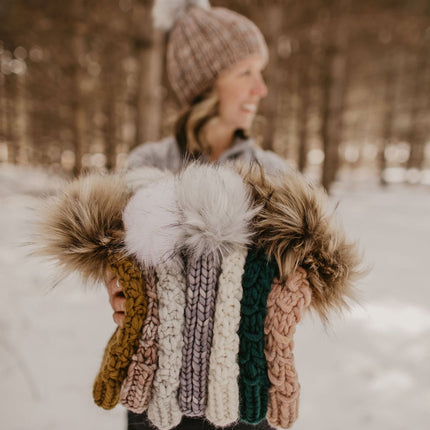 Pearl Gray Merino Wool Ribbed Knit Hat with Faux Fur Pom Pom