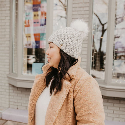 Light Gray Peruvian Wool Knit Hat with Faux Fur Pom Pom