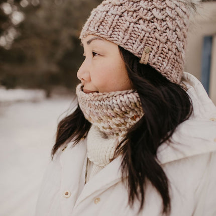 Pearl Gray Merino Wool Knit Hat with Faux Fur Pom Pom