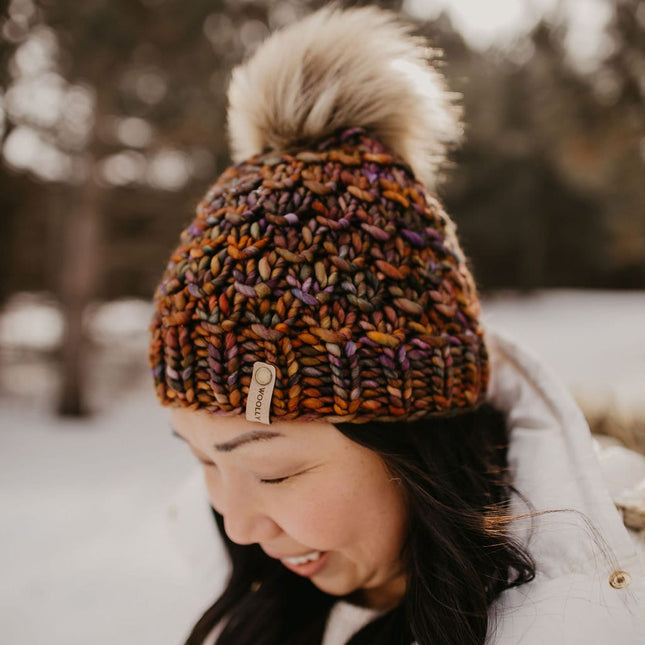 Brown Multi-Color Merino Wool Knit Hat with Faux Fur Pom Pom
