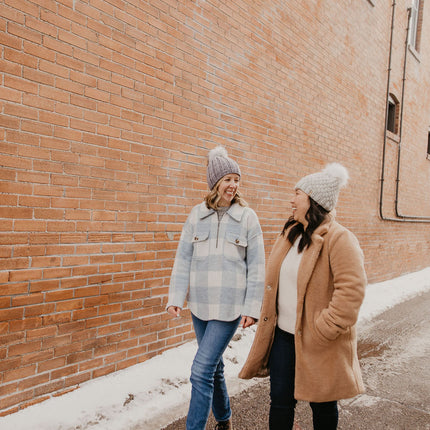 Gray Merino Wool Ribbed Knit Hat with Faux Fur Pom Pom