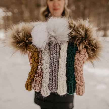Gray Merino Wool Ribbed Knit Hat with Faux Fur Pom Pom