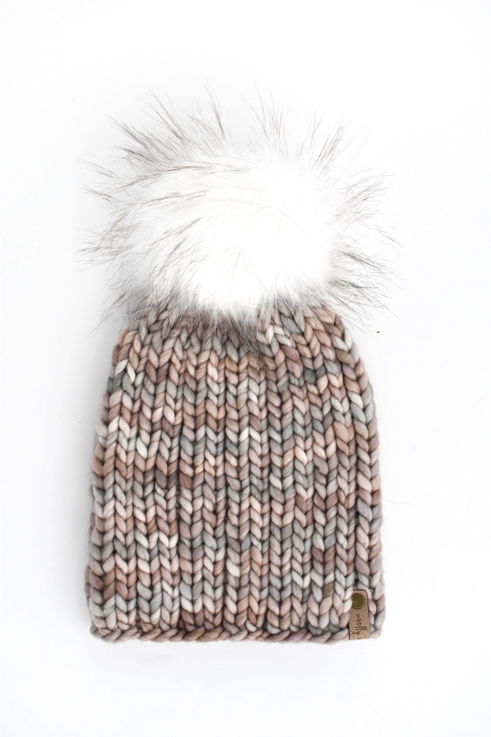 Pearl Gray Merino Wool Ribbed Knit Hat with Faux Fur Pom Pom