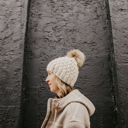 Ivory Peruvian Wool Knit Hat with Faux Fur Pom Pom