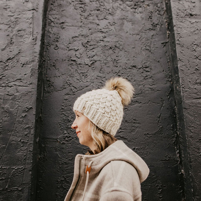 Ivory Peruvian Wool Knit Hat with Faux Fur Pom Pom