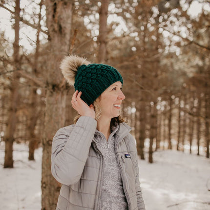 Forest Green Peruvian Wool Knit Hat with Faux Fur Pom Pom
