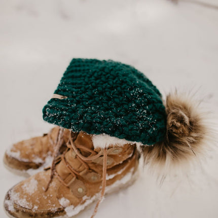 Forest Green Peruvian Wool Knit Hat with Faux Fur Pom Pom