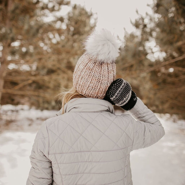 Pearl Gray Merino Wool Ribbed Knit Hat with Faux Fur Pom Pom