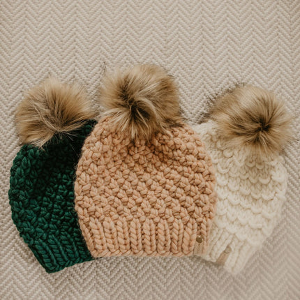 Ivory Peruvian Wool Knit Hat with Faux Fur Pom Pom