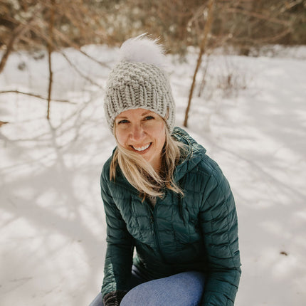 Light Gray Peruvian Wool Knit Hat with Faux Fur Pom Pom