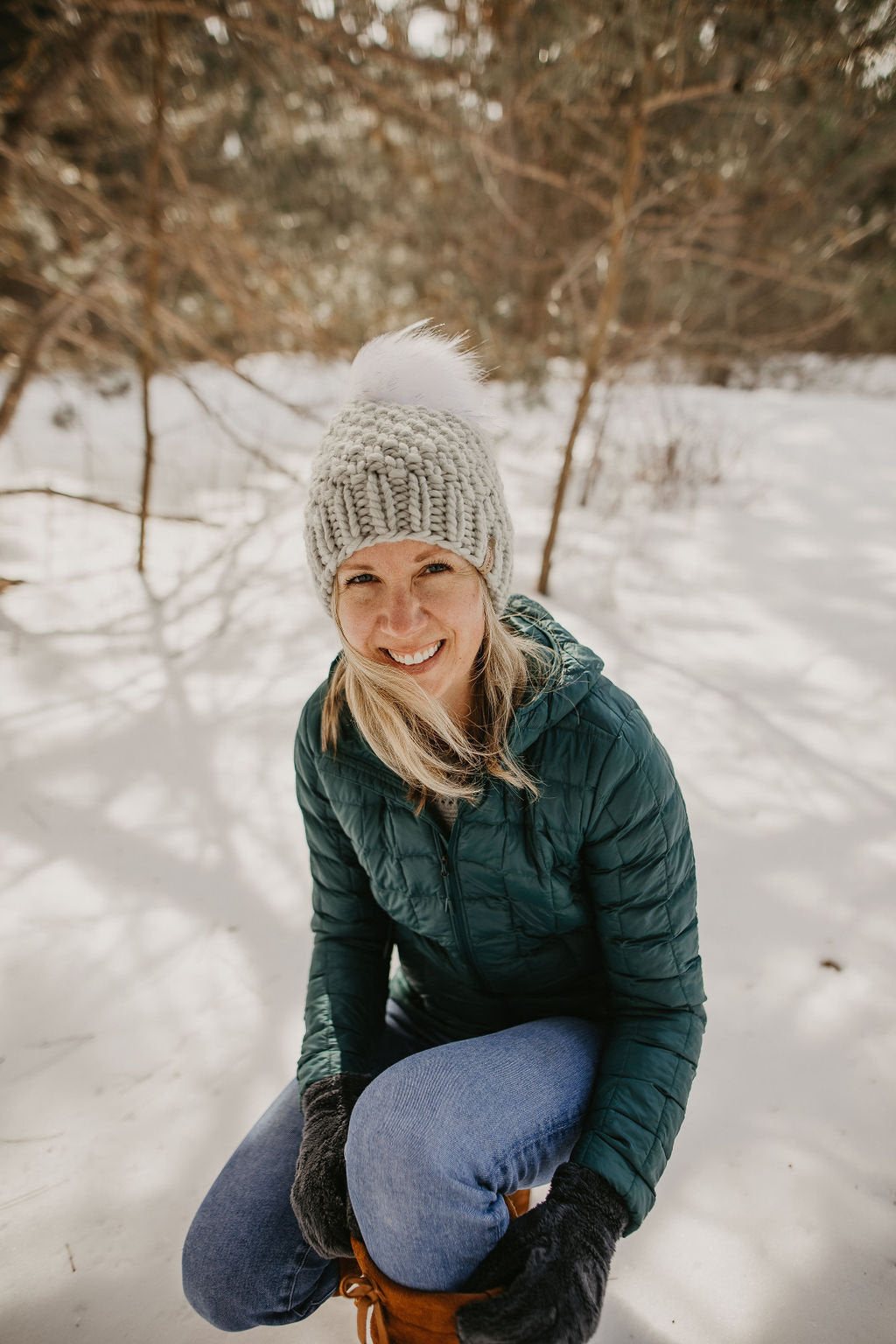 Light Gray Peruvian Wool Knit Hat with Faux Fur Pom Pom