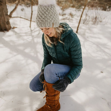 Light Gray Peruvian Wool Knit Hat with Faux Fur Pom Pom