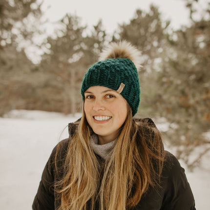 Forest Green Peruvian Wool Knit Hat with Faux Fur Pom Pom
