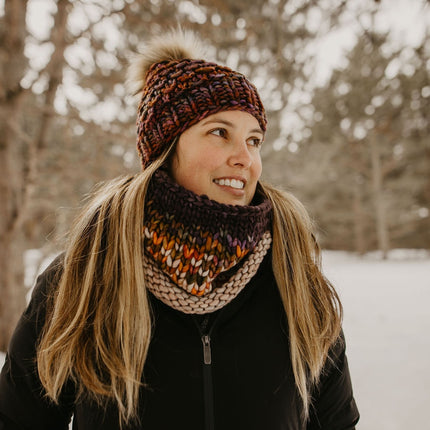Brown Multi-Color Merino Wool Knit Hat with Faux Fur Pom Pom