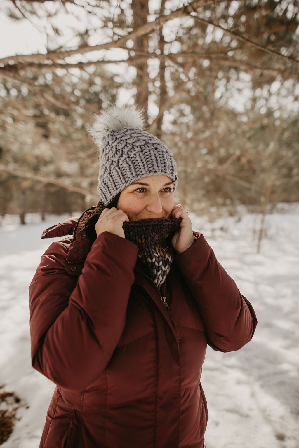 Gray Merino Wool Knit Hat with Faux Fur Pom Pom