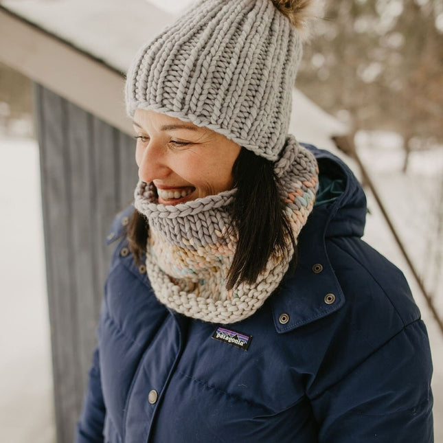 Gray Merino Wool Ribbed Knit Hat with Faux Fur Pom Pom