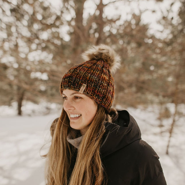 Brown Multi-Color Merino Wool Ribbed Knit Hat with Faux Fur Pom Pom