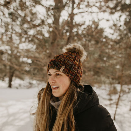 Brown Multi-Color Merino Wool Ribbed Knit Hat with Faux Fur Pom Pom
