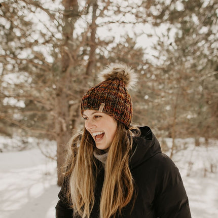 Brown Multi-Color Merino Wool Ribbed Knit Hat with Faux Fur Pom Pom
