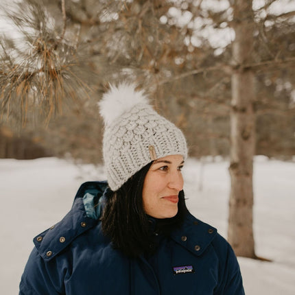 Light Gray Peruvian Wool Knit Hat with Faux Fur Pom Pom