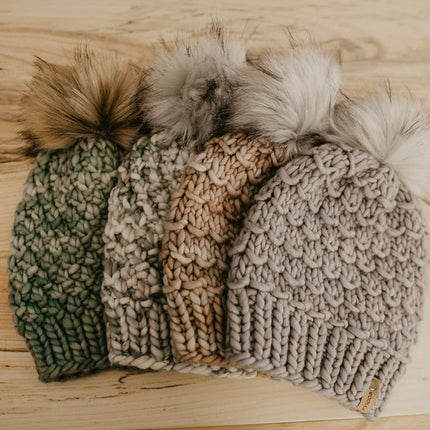 Gray Merino Wool Knit Hat with Faux Fur Pom Pom
