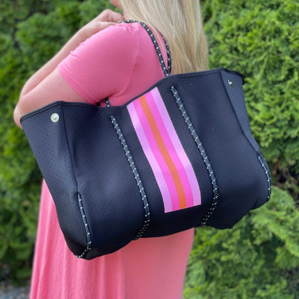 The Aniella Neoprene Tote - Black with Pink & Orange Stripe