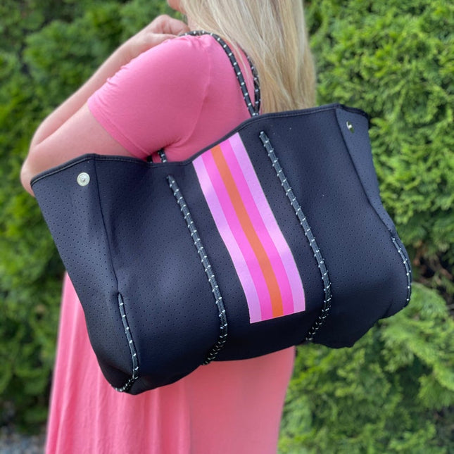 The Aniella Neoprene Tote - Black with Pink & Orange Stripe