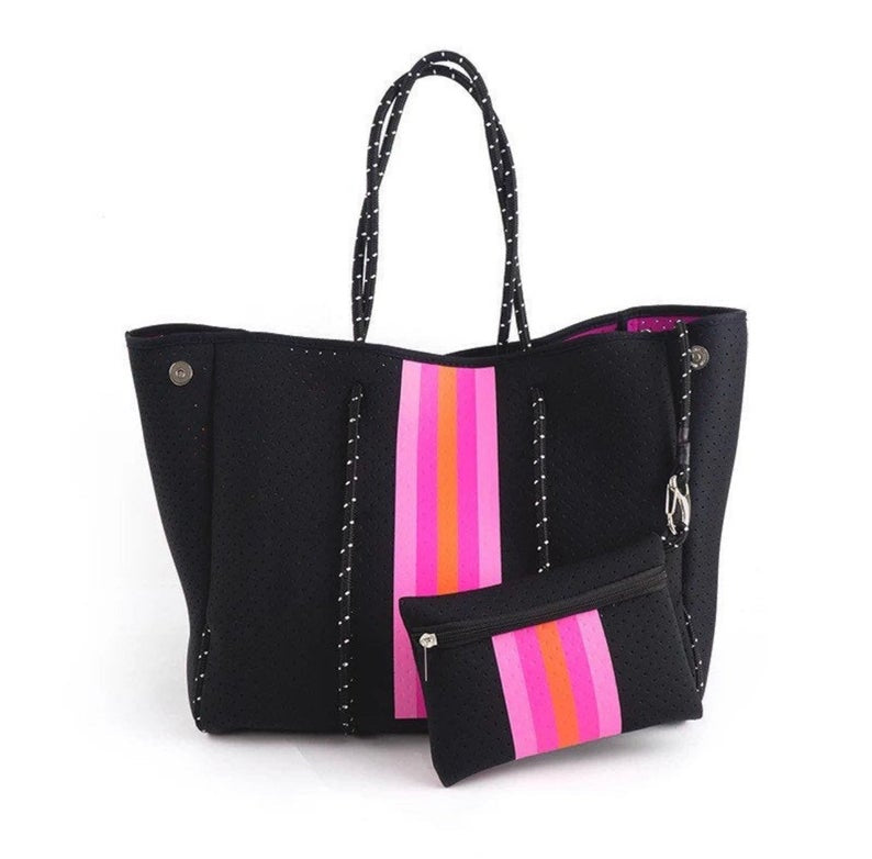 The Aniella Neoprene Tote - Black with Pink & Orange Stripe