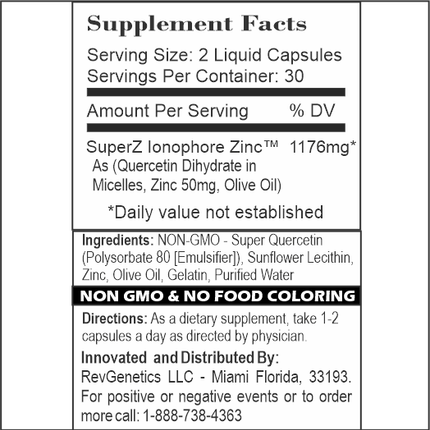 Super Z - Nano Quercetin with Zinc in Micelles Supplement - Advanced Micelle Ionophore Formula for Anti-aging Health - Immune to plain Zinc- Better than liposomal -By RevGenetics
