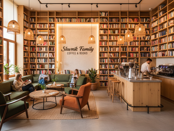 modern coffee shop with books and text "Slavnik Family Coffee & Books" in the center
