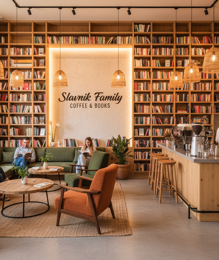 modern coffee shop with books and text "Slavnik Family Coffee & Books" in the center