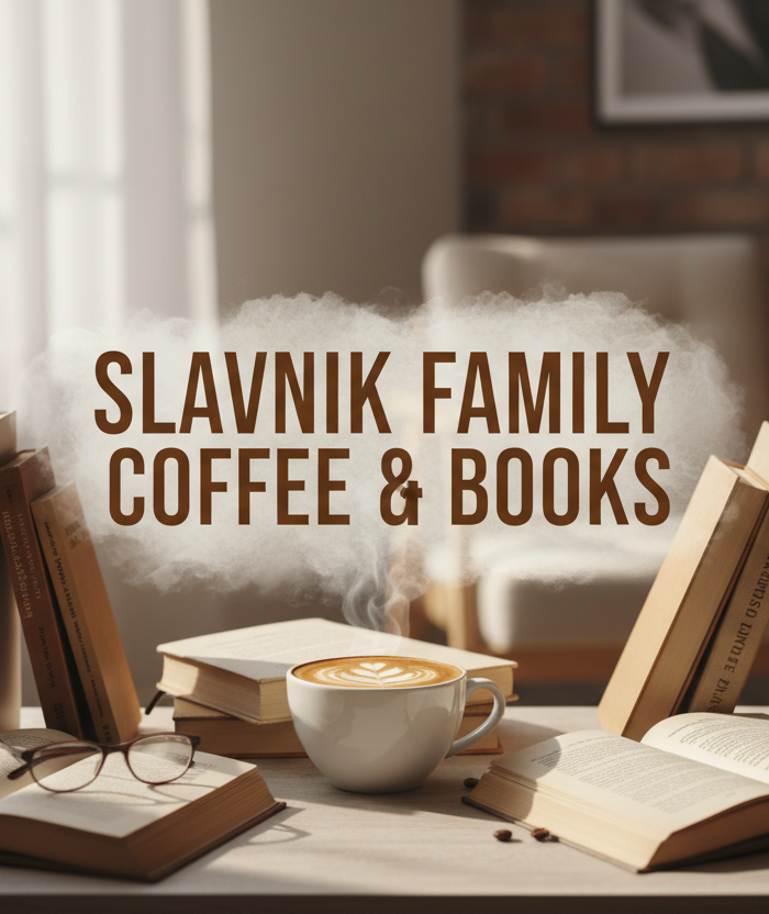 modern coffee with books and text "Slavnik Family Coffee & Books" in the center