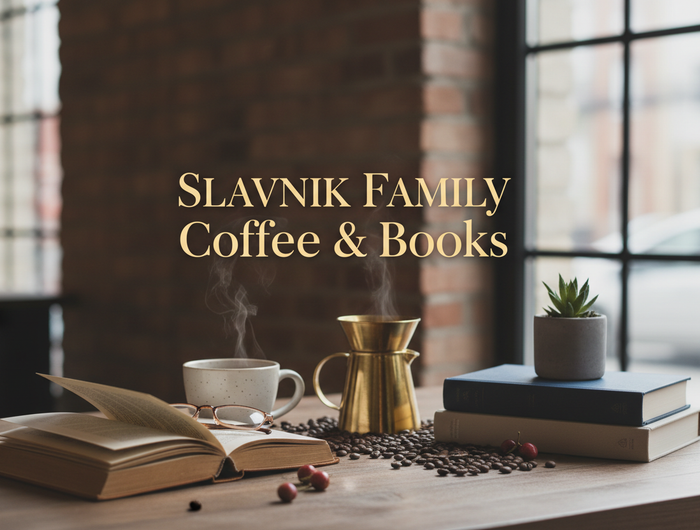 modern coffee with books and text "Slavnik Family Coffee & Books" in the center