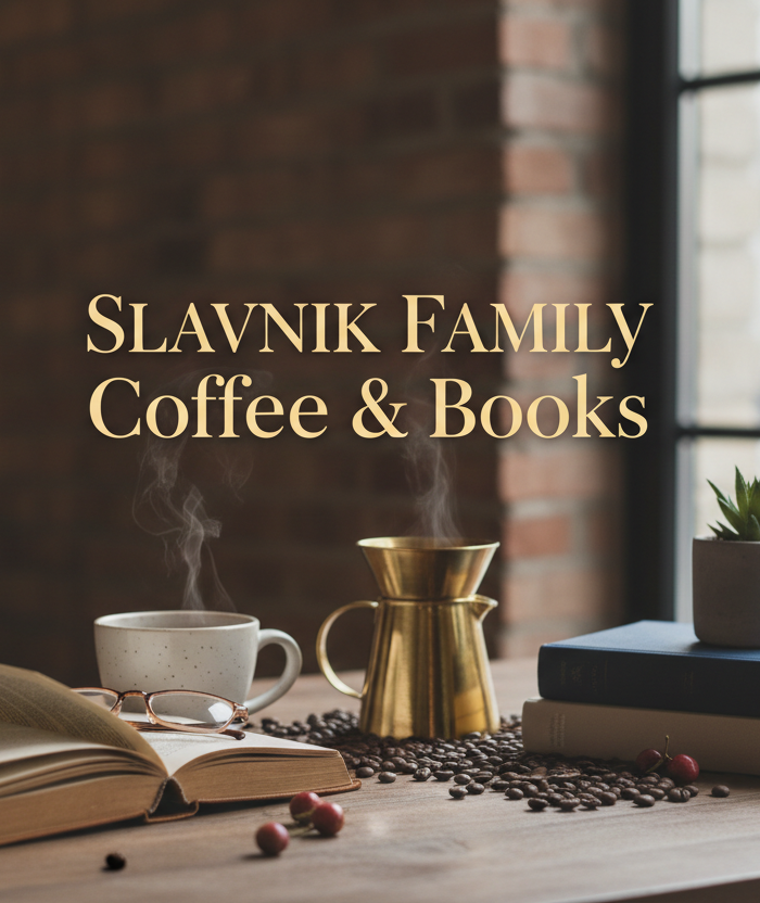 modern coffee with books and text "Slavnik Family Coffee & Books" in the center