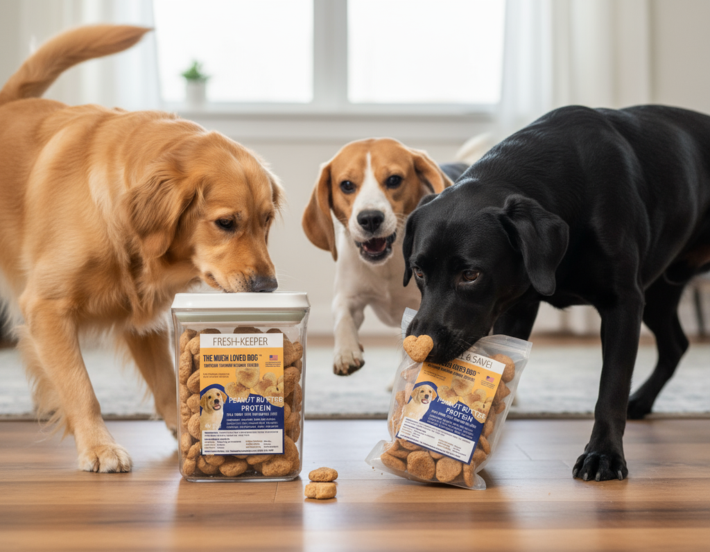 Much Loved Dog Peanut Butter Training Reward Treats - ECO Set (Filled Fresh Keeper +1 Refill)