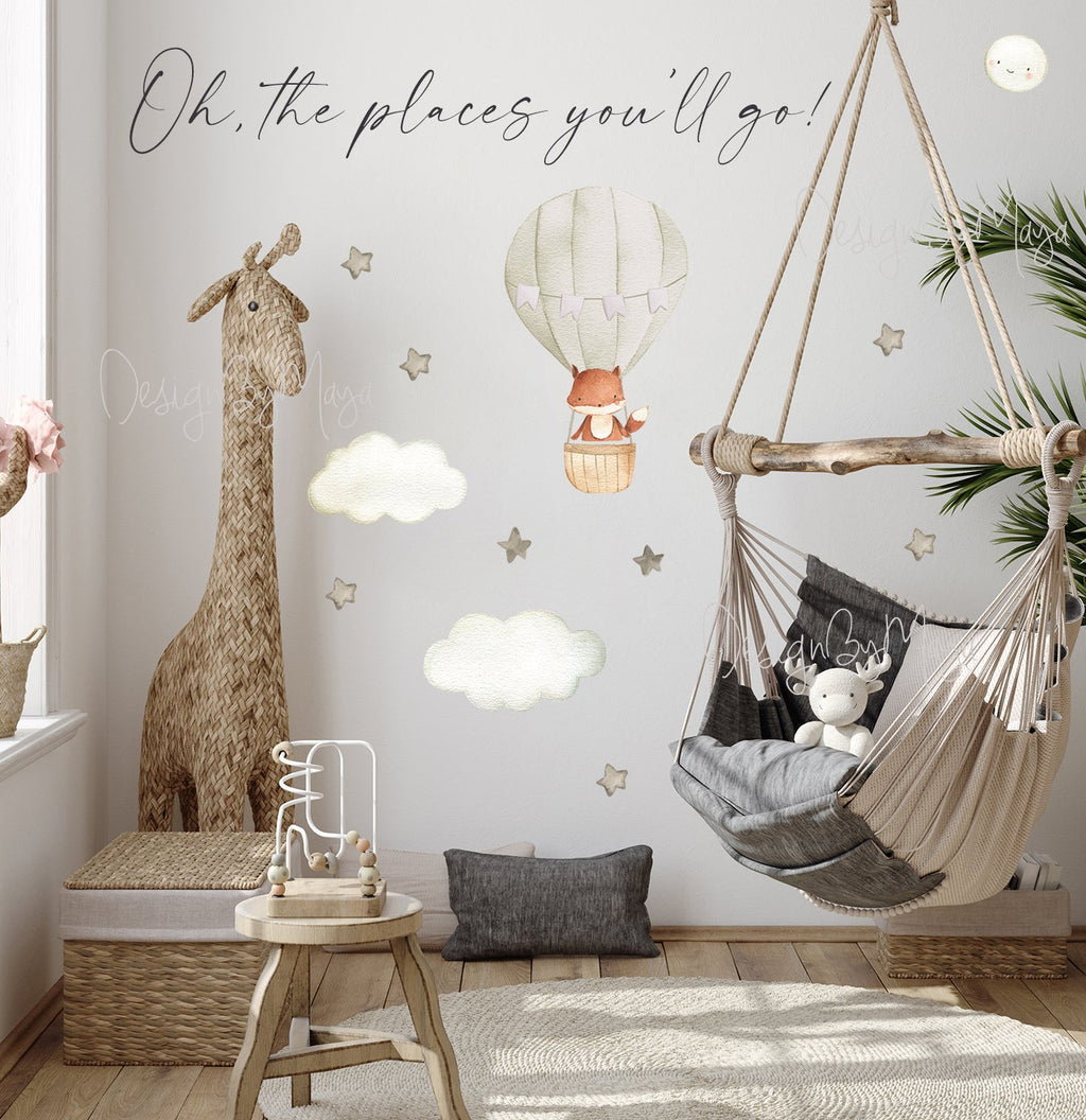 Baby animal inside Hot Air Balloon - Fabric Nursery Wall Art Decals