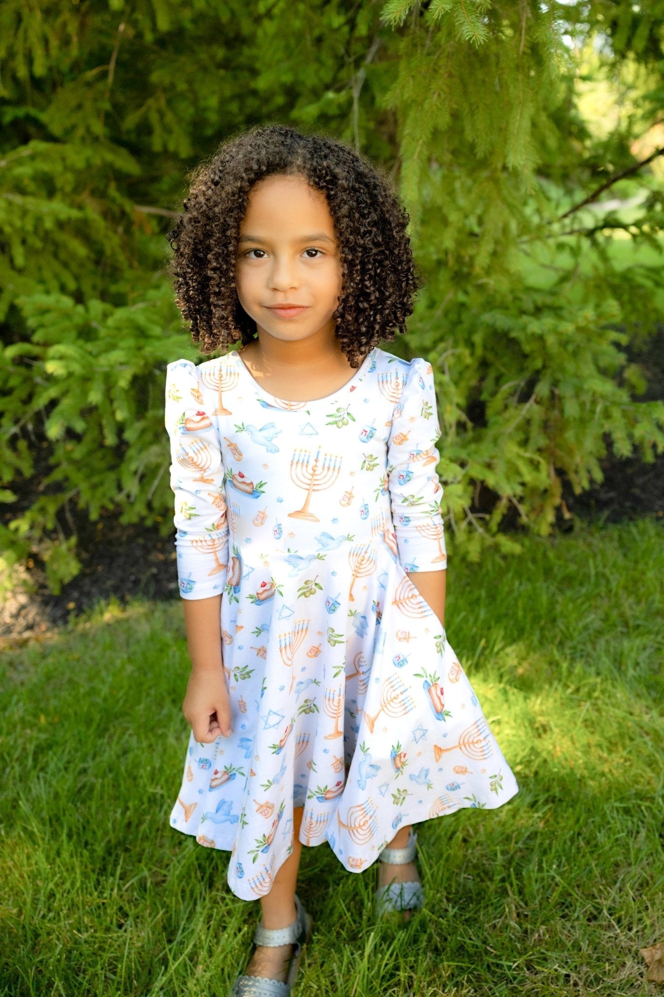 Organic Cotton Happy Hanukkah 3/4 Sleeve Twirl Dress