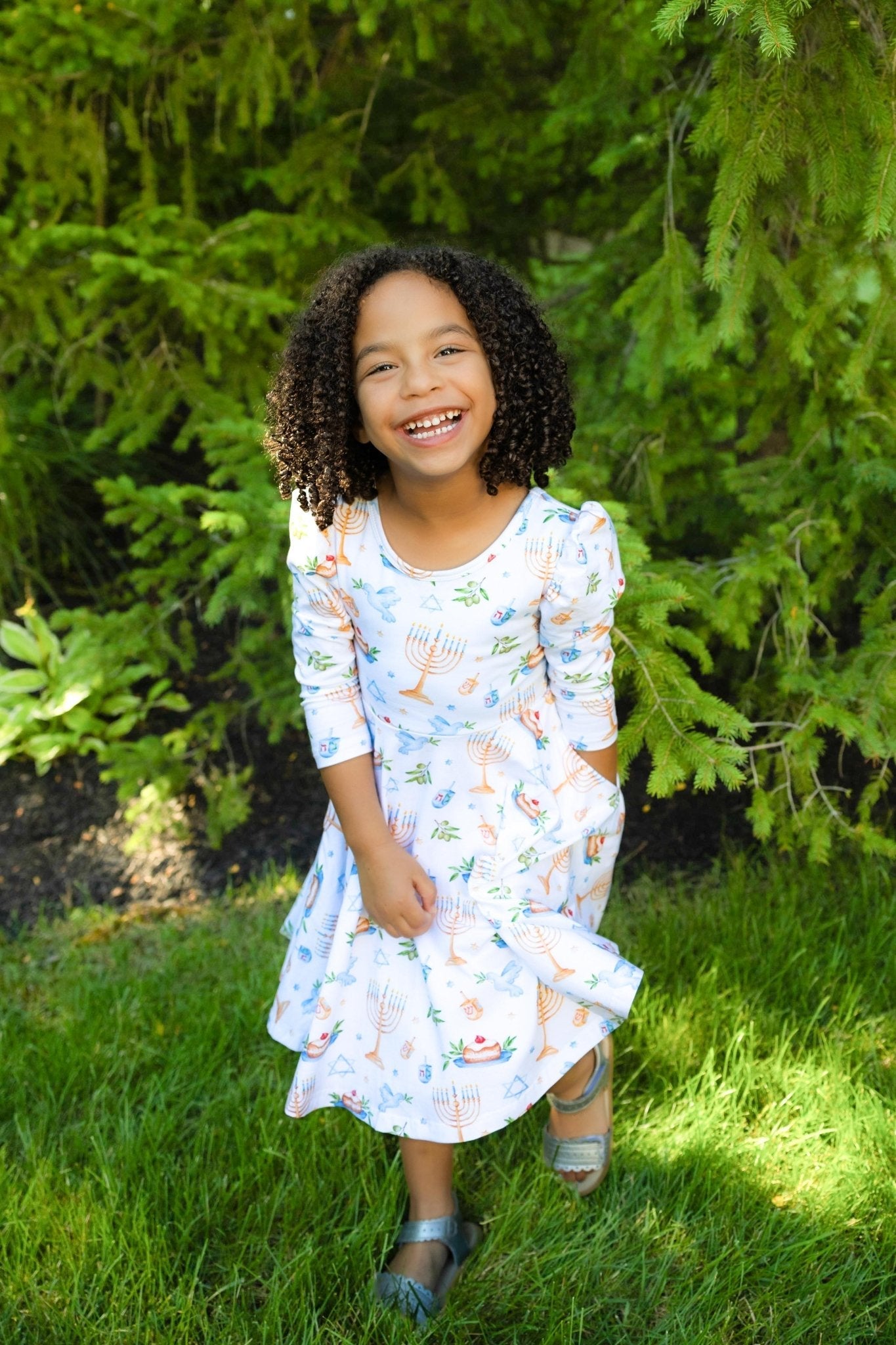 Organic Cotton Happy Hanukkah 3/4 Sleeve Twirl Dress